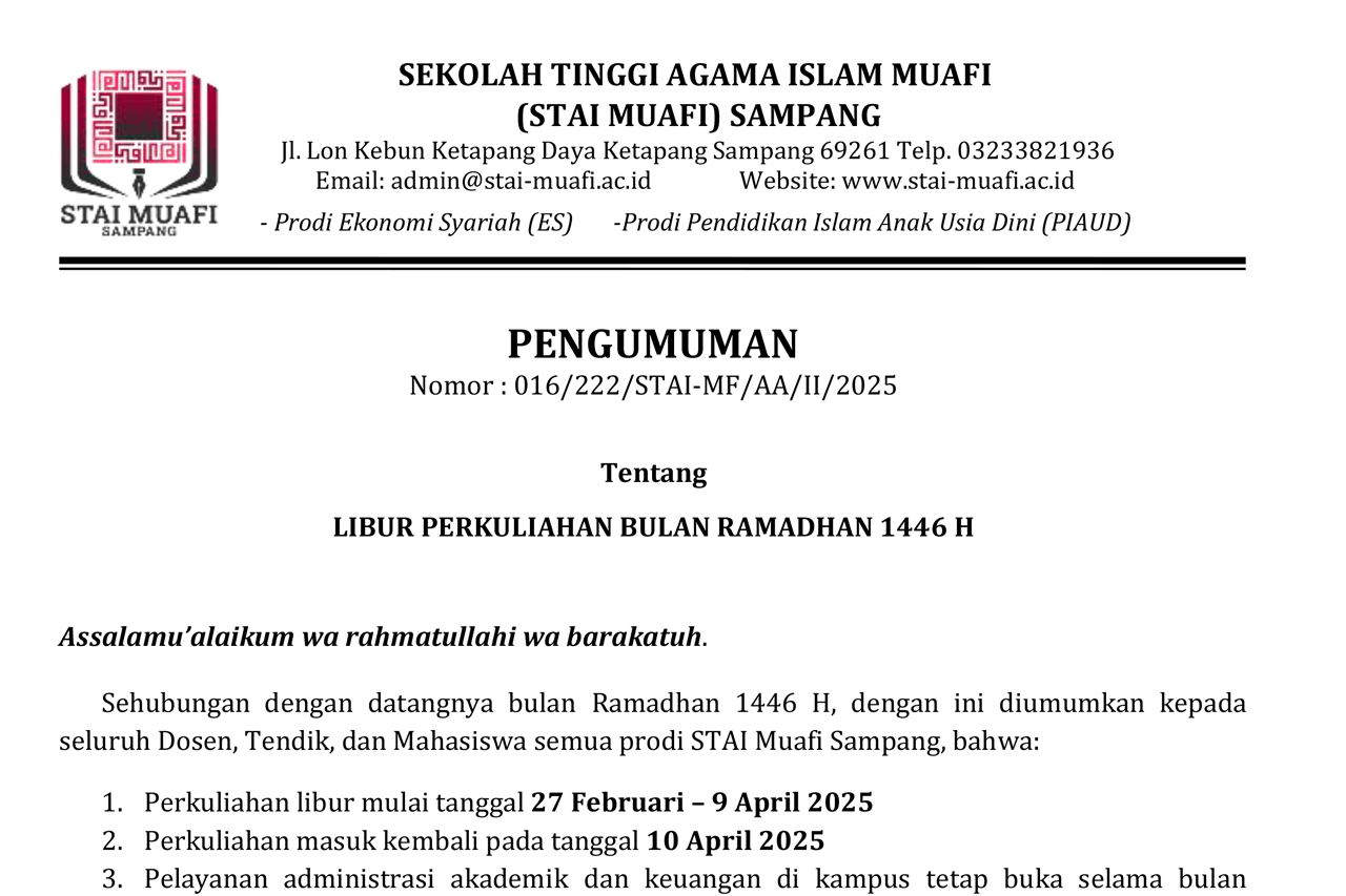 Libur Perkuliahan Bulan Ramadan 1446 H